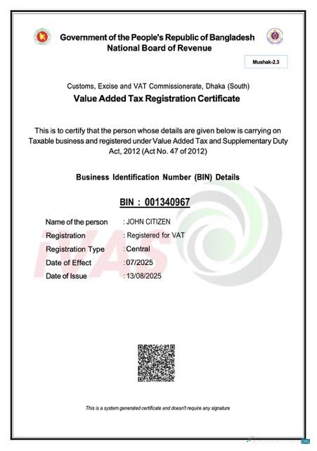 Download Bangladesh VAT registration certificate Word and PDF template Photoshop template